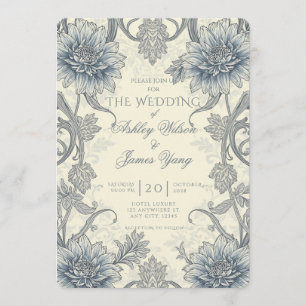 Blue Grey Floral Botanical Wedding Invitation