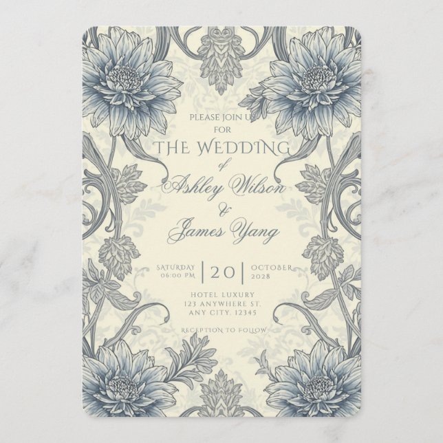 Blue Grey Floral Botanical Wedding Invitation (Front)