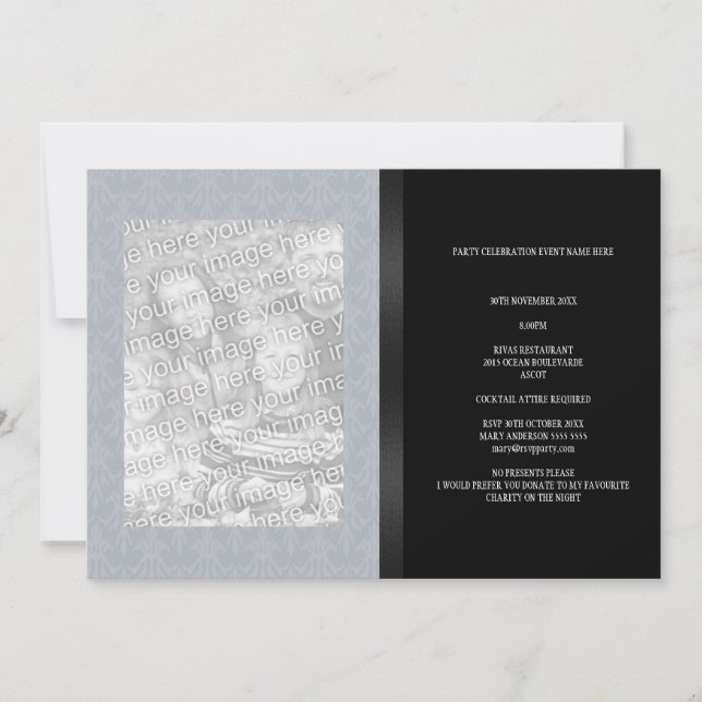 Blue Grey Floral Damask Black Photo All Events Invitation (Front)