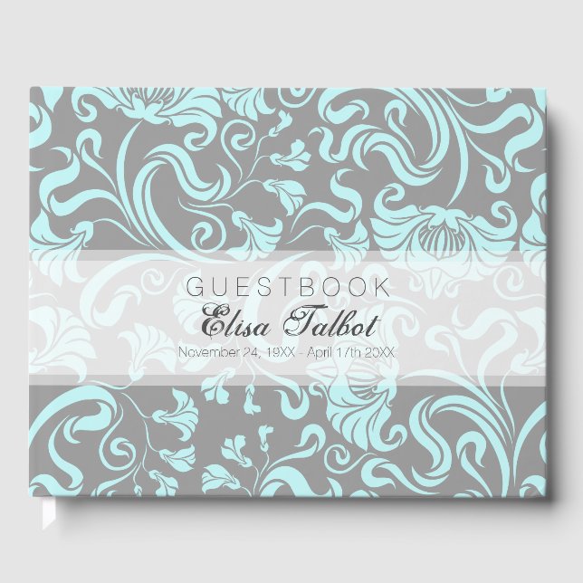 Blue Grey Floral Pattern Damask Funeral Guest Book (Front)