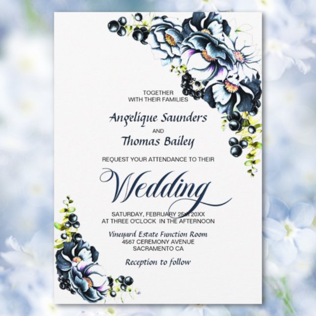 Blue Grey Floral Wedding Invitation (Creator Uploaded)