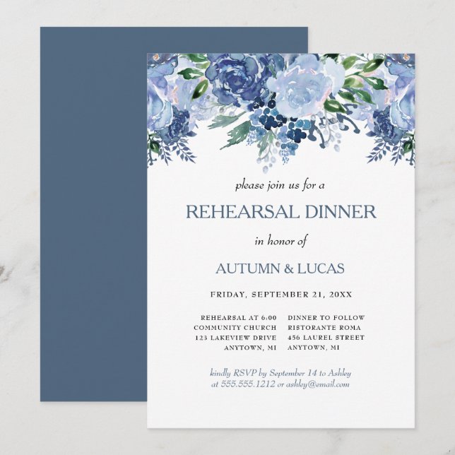 Blue Grey Floral Wedding Rehearsal Dinner Invitation (Front/Back)