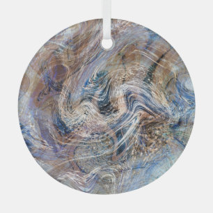 Blue Grey Fluid Marbling Illustration Glass Ornament