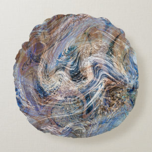 Blue Grey Fluid Marbling Illustration Round Pillow