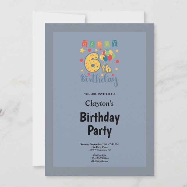 Blue/Grey Framed 6th Birthday Party Invitation (Front)