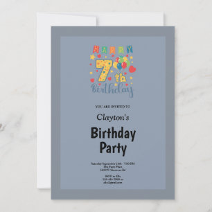 Blue/Grey Framed 7th Birthday Party Invitation