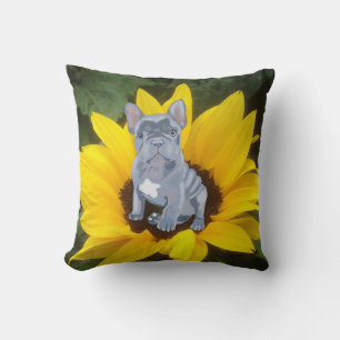 Blue Grey French Bulldog Puppy and Sunflower Throw Pillow