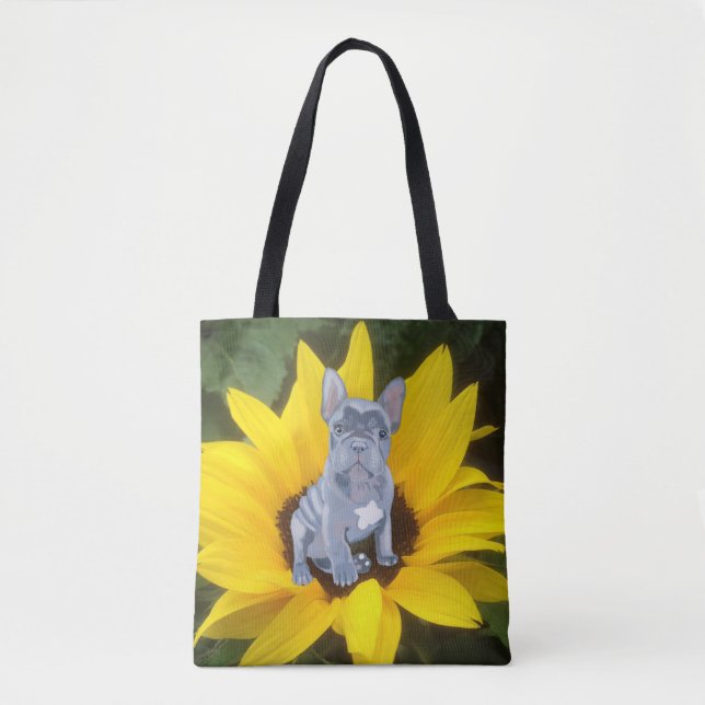 Blue Grey French Bulldog Puppy and Sunflower  Tote Bag (Front)