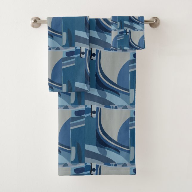 Blue Grey Geometric Abstract Pattern Bath Towel Set (Insitu)