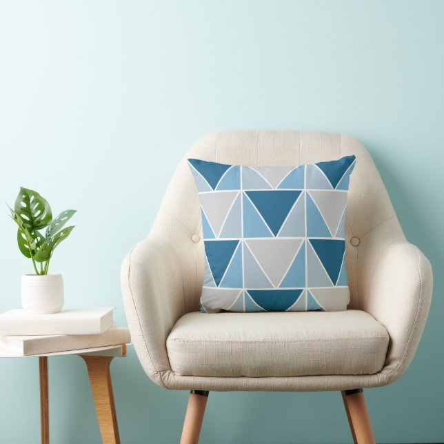 Blue Grey Geometric Triangles Pattern Throw Pillow (Chair)