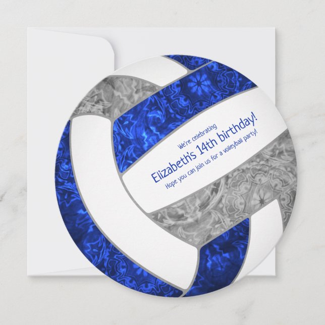blue grey girly volleyball birthday party announcement (Front)