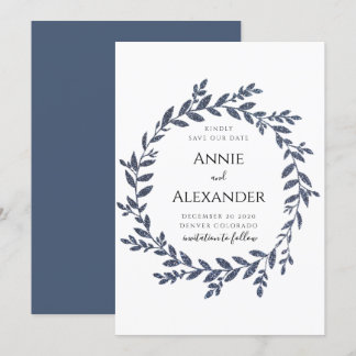 Blue Grey Glitter Effect Leaves Save The Date Invitation