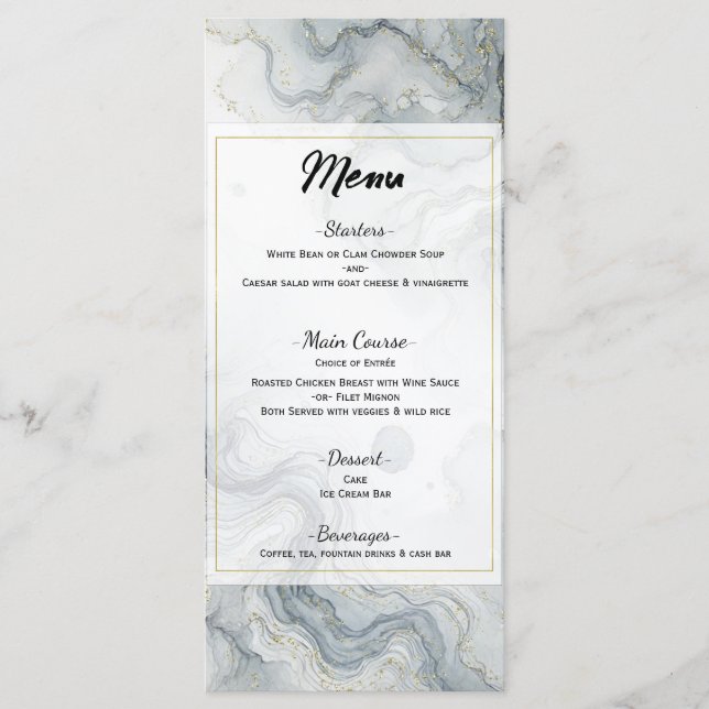 Blue Grey Gold Beach Watercolor Wedding Menu (Front)