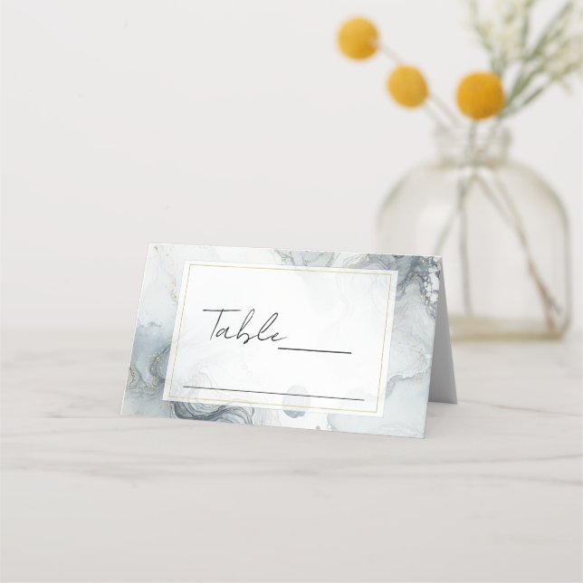 Blue Grey & Gold Beachy Watercolor Beach Wedding Place Card (Front)