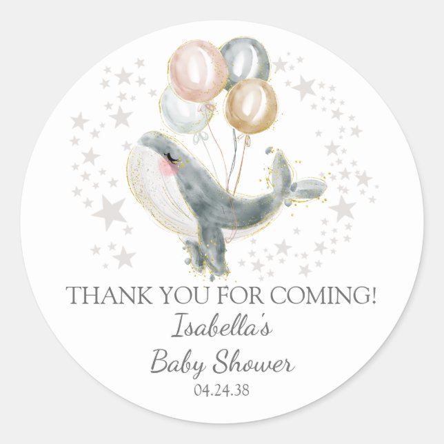 Blue Grey Gold Cute Whale Baby Shower Classic Round Sticker (Front)