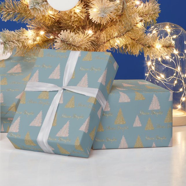 Blue Grey Gold Glitter Shine Christmas Trees     Wrapping Paper (Holidays)