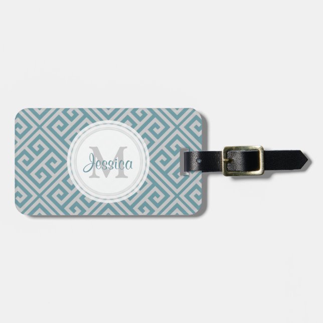 Blue Grey Greek Key Motif Luggage Tag (Front Horizontal)