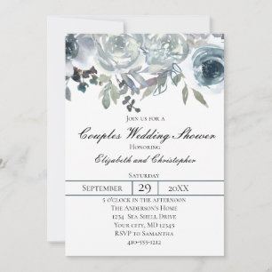 Blue Grey Green Elegant Floral Couples Wedding  Invitation