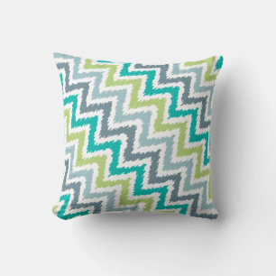 Blue Grey Green Zigzag Ikat Pattern Throw Pillow