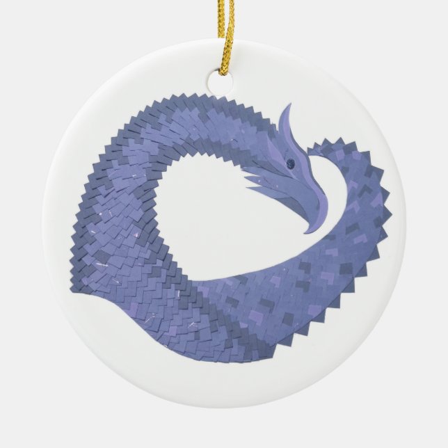 Blue-grey heart dragon on white ceramic ornament (Front)