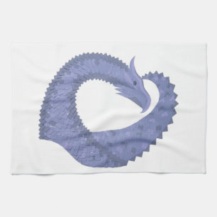 Blue-grey heart dragon on white kitchen towel