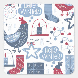 Blue Grey Hello Winter Christmas Illustration Square Sticker