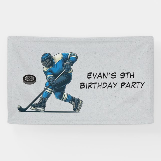 Blue Grey Hockey Player Birthday Party Banner (Horizontal)