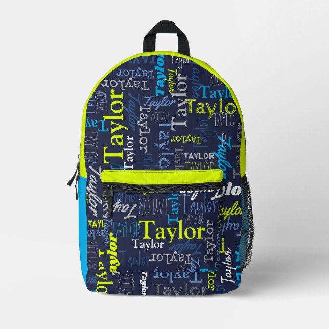 blue grey lime green personalized name all over printed backpack (Front)