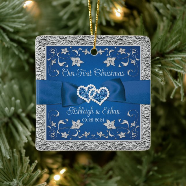 Blue, Grey Love Hearts Wedding 1st Christmas  Ceramic Ornament (Tree)