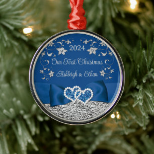 Blue, Grey Love Hearts Wedding 1st Christmas Metal Ornament