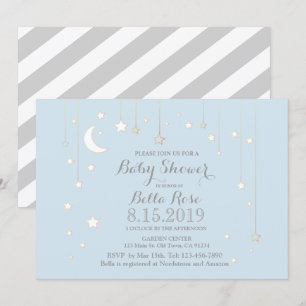 Blue Grey Lune Star Baby shower garçon Invitation