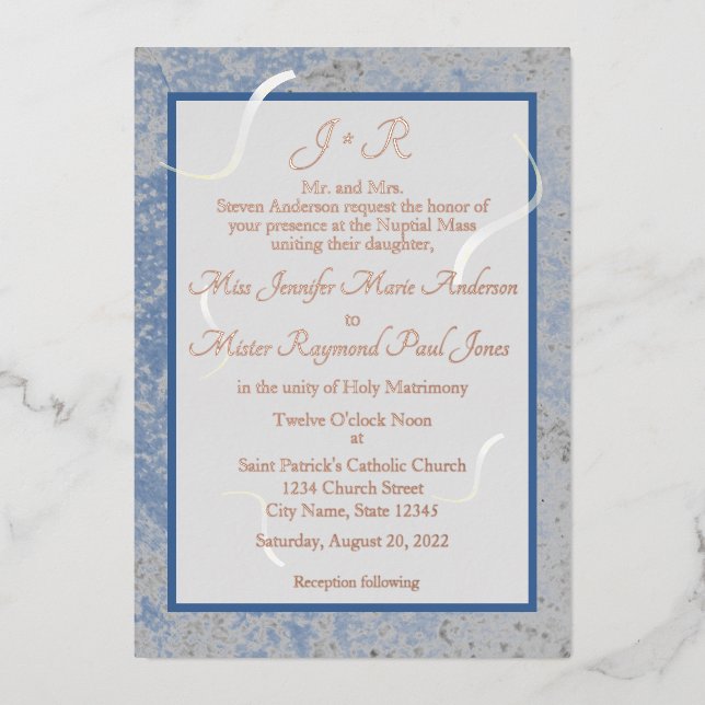 Blue & Grey Marble Catholic Monogrammed Wedding (Front)