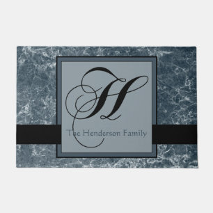 Blue Grey Marble Pattern Black Monogram H Add Name Doormat