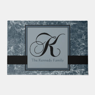 Blue Grey Marble Pattern Black Monogram K Add Name Doormat