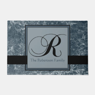 Blue Grey Marble Pattern Black Monogram R Add Name Doormat