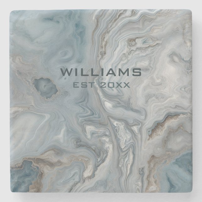 Blue Grey Marble Texture Personalized Stone Coaster (Front)