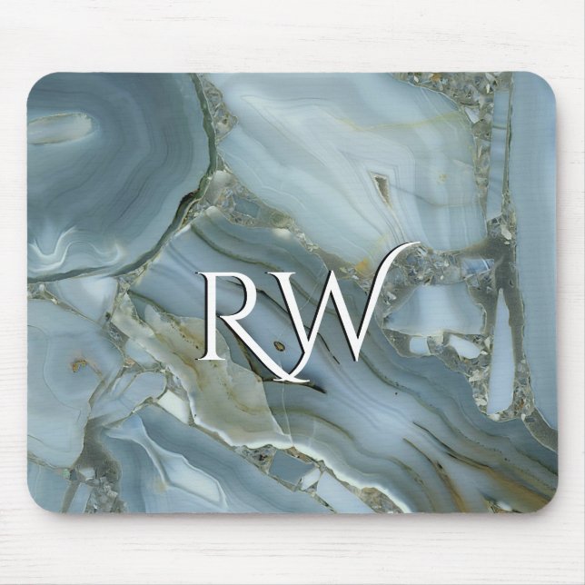 Blue Grey Marble with Gold Vein Initial  Mouse Pad (Front)