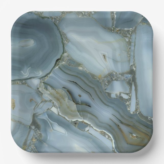 Blue Grey Marble with Gold Vein Paper Plate (Front)