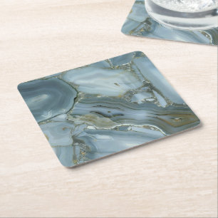 Blue Grey Marble with Gold Vein Square Paper Coaster