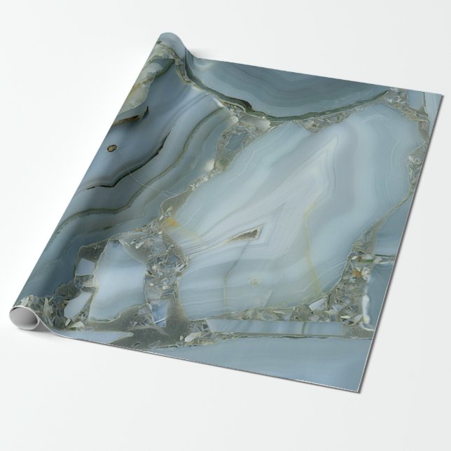 Blue Grey Marble with Gold Vein Wrapping Paper (Unrolled)