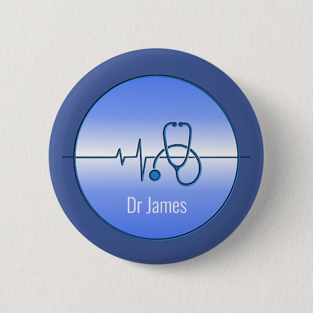 Blue Grey Medical Stethoscope Heartbeat 2 Inch Round Button (Front)