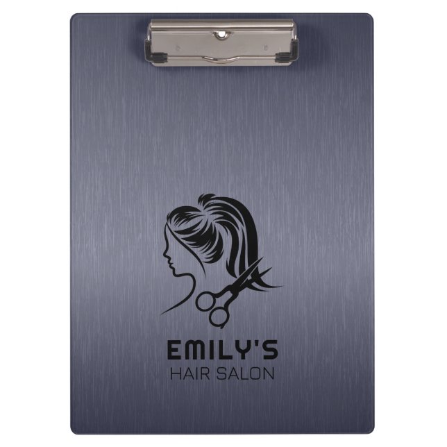 Blue-Grey Metallic Texture Hair Salon Logo Clipboard (Front)