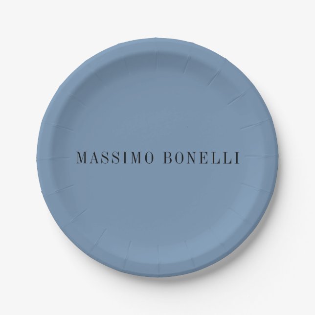 Blue Grey Minimalist Plain Legible Modern Paper Plate (Front)