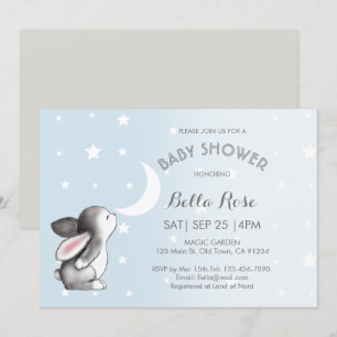 Blue Grey Moon Stars Bunny Baby Shower Invitations