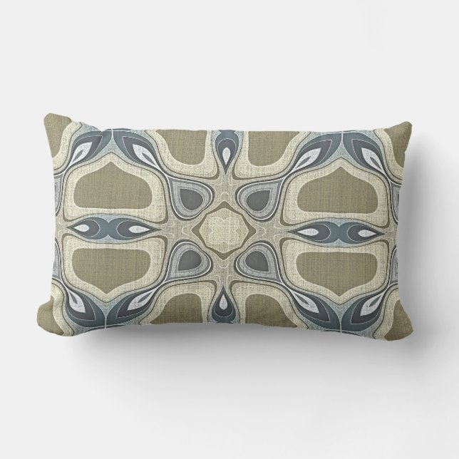 Blue Grey Mustard Ochre Green Orient Tribal Art Lumbar Pillow (Front)