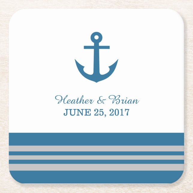 Blue Grey Nautical Anchor Wedding Paper Coasters (Front)