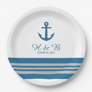 Blue Grey Nautical Anchor Wedding Paper Plates