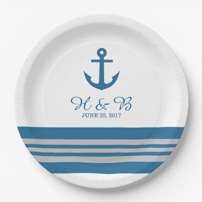 Blue Grey Nautical Anchor Wedding Paper Plates (Front)