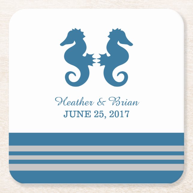 Blue Grey Nautical Seahorse Paper Coasters (Front)