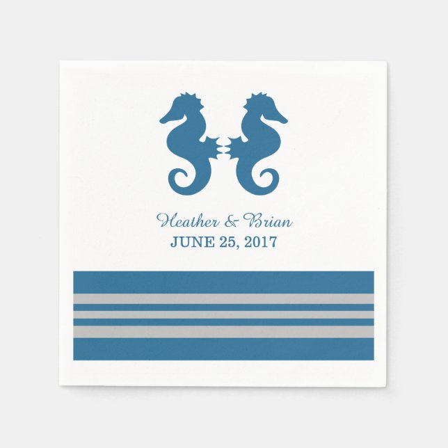 Blue Grey Nautical Seahorse Paper Napkins (Front)
